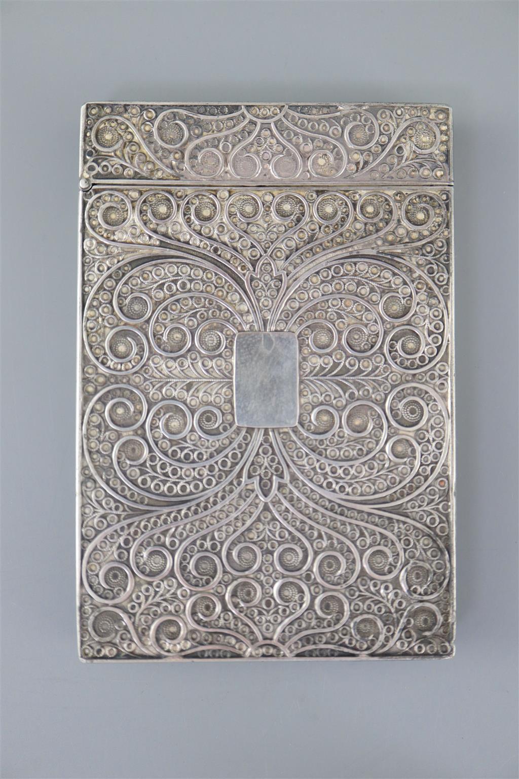 A William IV filligree silver rectangular card case, with inset panel embossed with scene of a stately home,
